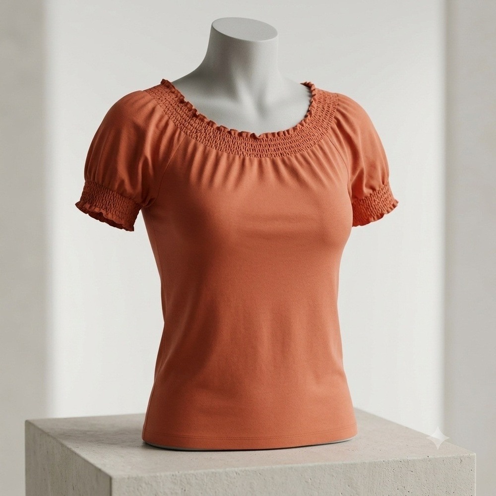 Lauren Ralph Lauren Petite Smocked Scoop Neck Cotton Blouse Terracotta Orange PM